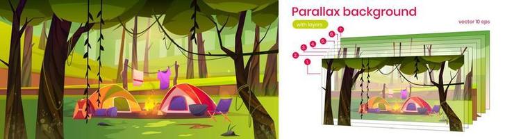 Parallax background summer camp with tourist tents vector