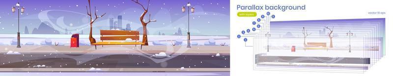 Parallax background winter city park with bench vector