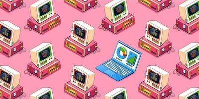 Seamless pattern with isometric computers, vector