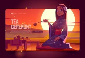 Tea ceremony cartoon landing page, asian woman vector