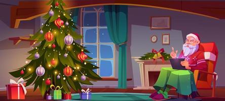 santa claus en salón con árbol de navidad vector