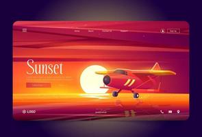 Banner with red airplane fly over water at sunset vector