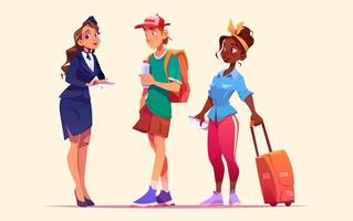 Stewardess check tickets of tourists vector