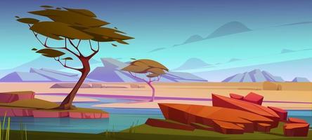 Savannah with river, acacia trees and mountains vector