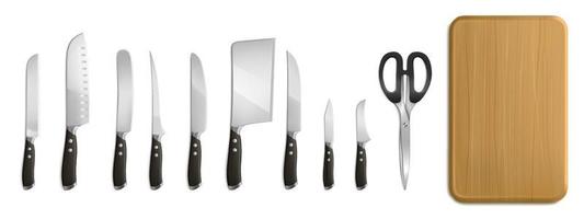 Chef and butcher knives, cutting board, scissors vector