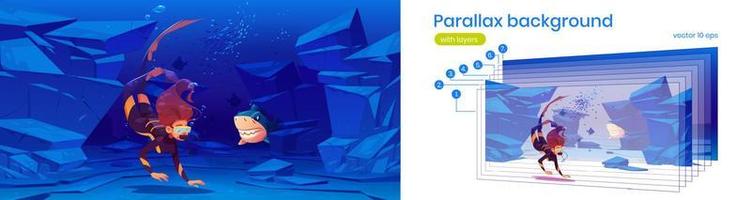 Parallax background with scuba diver and shark vector