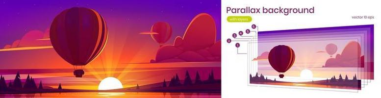 Parallax background with hot air balloon fly vector