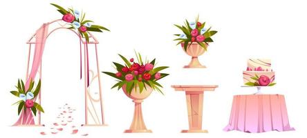 Wedding decoration with floral arch and cake vector