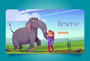 banner de reserva natural con elefante feliz y niña vector