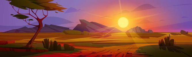 Sunset at African savannah landscape, wild nature vector