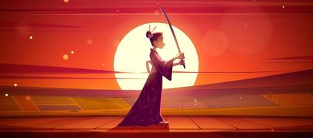 Japanese geisha wear kimono holding samurai katana vector