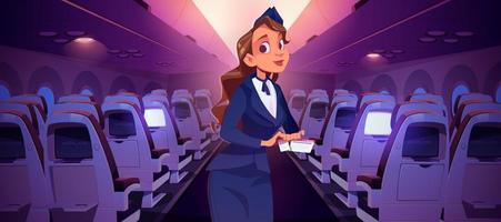 Stewardess with ticket inside airplane cabin vector