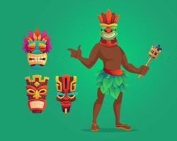 Tiki man with torch and masks, wooden totems set vector