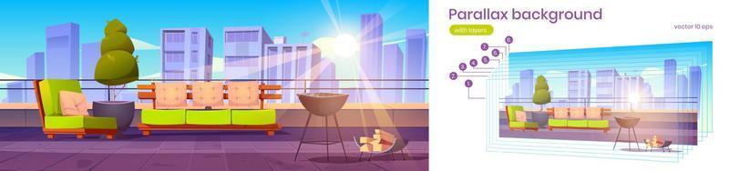 Parallax background summer cafe on roof, animation vector