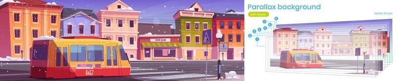 Parallax background with winter city and tram vector