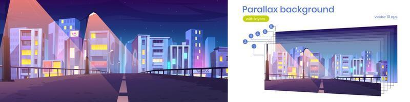 Parallax background night city bridge view, layers vector