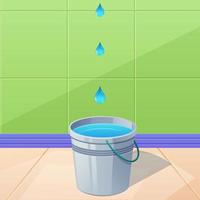 the bucket holds the leaking water on the floor vector