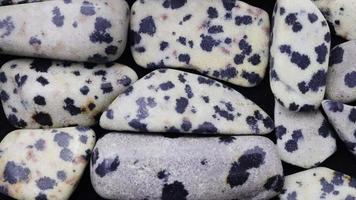 dalmata diaspro mucchio gioiello pietre struttura su nero sfondo. in movimento giusto senza soluzione di continuità ciclo continuo sfondo. video