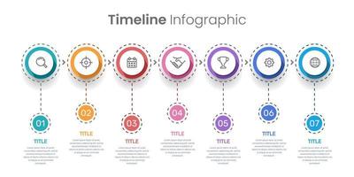 Línea de tiempo de negocios infográficos 7 pasos. hito de la empresa 7 veces. vector