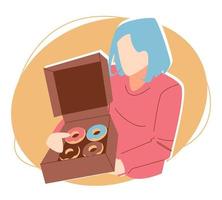 ilustración de una chica abriendo y sosteniendo una caja que contiene muchos donuts. donas de varios sabores. concepto de comida, snack, delicioso, etc. ilustración vectorial plana