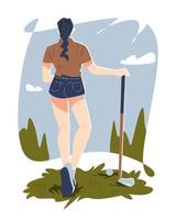 ilustración de vista trasera de una joven sosteniendo un palo de golf en un campo de golf. fondo azul aislado, árboles, nubes. deportes, estilo de vida, pasatiempos, etc. diseño plano vector
