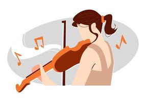 mujer tocando el violín dulcemente. con el icono de la nota de la canción. adecuado para música temática, orquesta, arte, instrumentos musicales, etc. ilustración vectorial plana vector