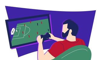 hombre barbudo jugando juegos de consola. relajarse en una silla. deporte, partido de fútbol. adecuado para el tema de juegos, pasatiempos, ocio, entretenimiento, etc. ilustración vectorial plana vector