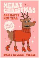 Merry Christmas and Happy New year. Reindeer in trendy retro cartoon style. vector