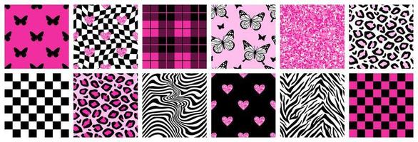 Y2k glamour pink seamless patterns. Backgrounds in trendy emo goth 2000s style. vector