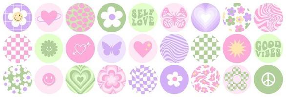 Y2k stickers set. Funny butterfly, daisy, wave, chess, mesh, smile in trendy retro 2000s style. vector