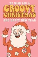 Groovy hippie merry Christmas and Happy New year. Santa Claus in trendy retro cartoon style. vector