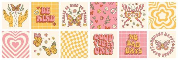 Groovy butterfly, daisy, flower. Hippie 60s 70s posters. Floral romantic backgrounds in retro style. vector
