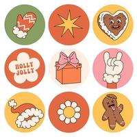 Groovy hippie Christmas stickers. Santa hat, gift, holly jolly, gingerbread in trendy retro cartoon style. vector
