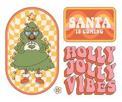 Groovy hippie Christmas stickers. Santa is coming, Christmas tree, holly jolly in retro cartoon style. vector