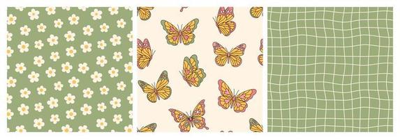 Groovy butterfly, daisy, flower, waves, chessboard. Hippie 60s 70s seamless patterns. vector
