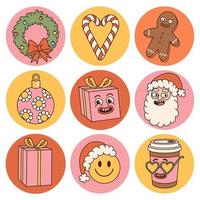 Groovy hippie Christmas stickers. Santa, smile, gift, gingerbread in trendy retro cartoon style. vector