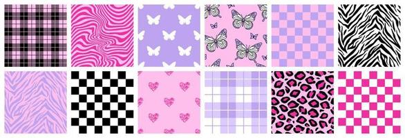 Y2k glamour pink seamless patterns. Backgrounds in trendy emo goth 2000s style. vector