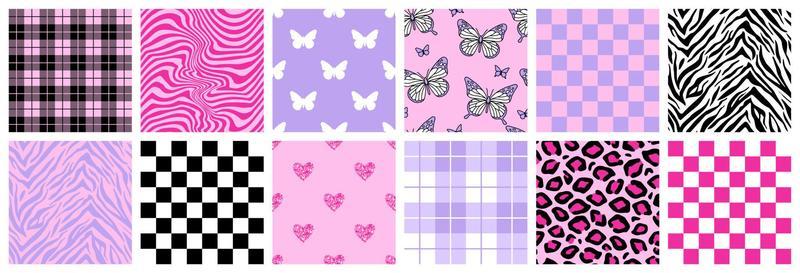Y2k glamour pink seamless patterns. Backgrounds in trendy emo goth 2000s style.