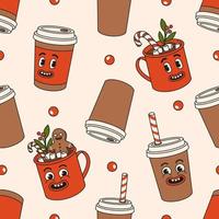 Christmas seamless pattern. Coffee, cocoa, mulled wine, candy in trendy retro cartoon style. vector