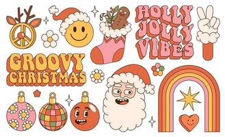 Groovy hippie Christmas stickers. Santa Claus, rainbow, peace, holly jolly vibes, gingerbread. vector