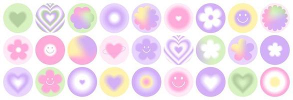 Y2k blurred gragient set. Butterfly, heart, daisy, abstract shape in 90s, 00s psychedelic style. vector