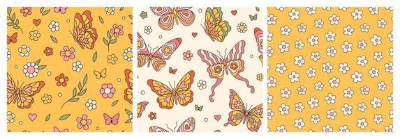 Groovy butterfly, daisy, flower. Hippie 60s 70s seamless patterns in trendy retro style. vector