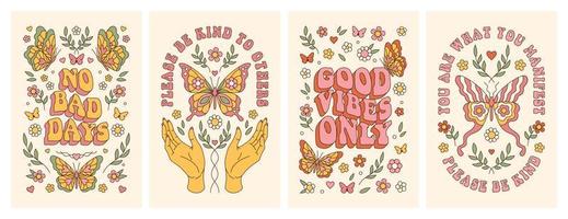 Groovy butterfly, daisy, flower. Hippie 60s 70s posters. Floral romantic backgrounds in retro style. vector