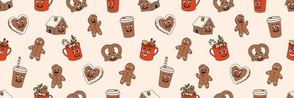 Christmas market street foods and drinks seamless pattern in trendy retro cartoon style. vector