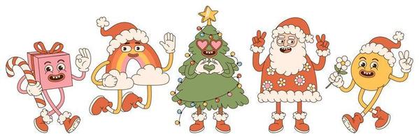 Groovy hippie Christmas. Santa Claus, Christmas tree, rainbow, gift, smile in retro cartoon style. vector