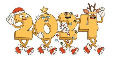 Happy New Year 2024. Numbers 2024 with Santa Claus hat, reindeerdeer antlers, star and garland. vector