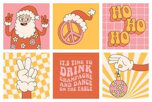 Groovy hippie Christmas stickers. Santa Claus, peace, ho-ho-ho in trendy retro cartoon style. vector