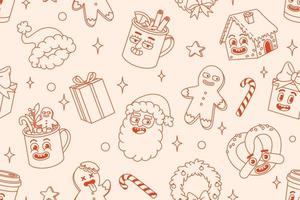 Merry Christmas and Happy New year seamless pattern. Santa Claus, gifts, cocoa, coffee, gingerbread. vector