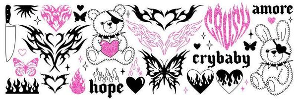 Y2k glamour pink stickers in trendy emo goth 2000s style. Butterfly, kawaii bear, flame, heart etc. vector