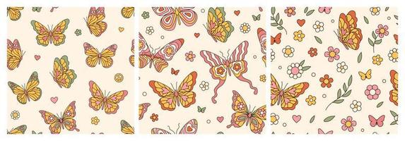 Groovy butterfly, daisy, flower. Hippie 60s 70s seamless patterns in trendy retro style. vector